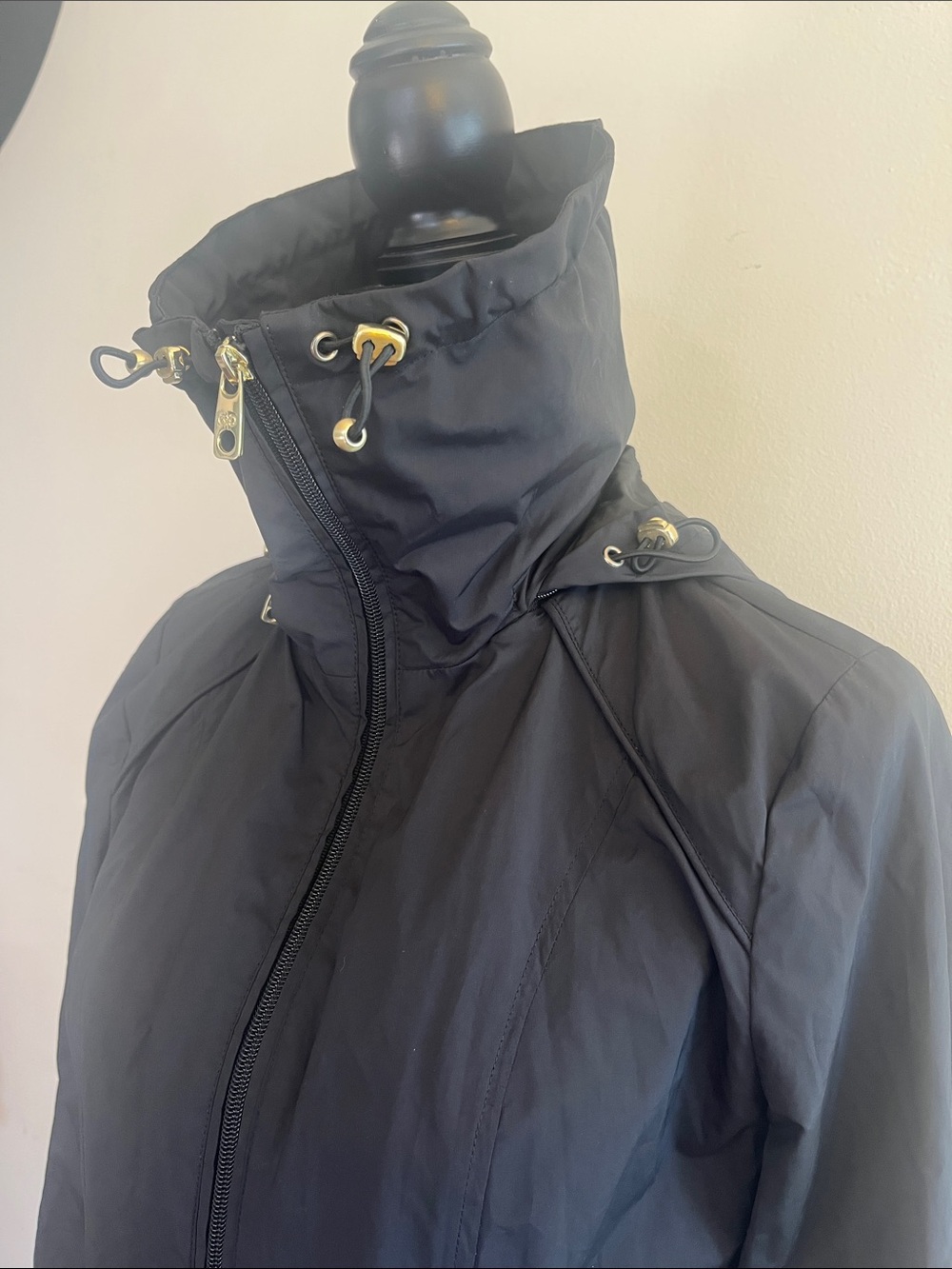 Cole Haan Black Hooded Long Rain Jacket with Gold Zippers - Picture 3 of 6